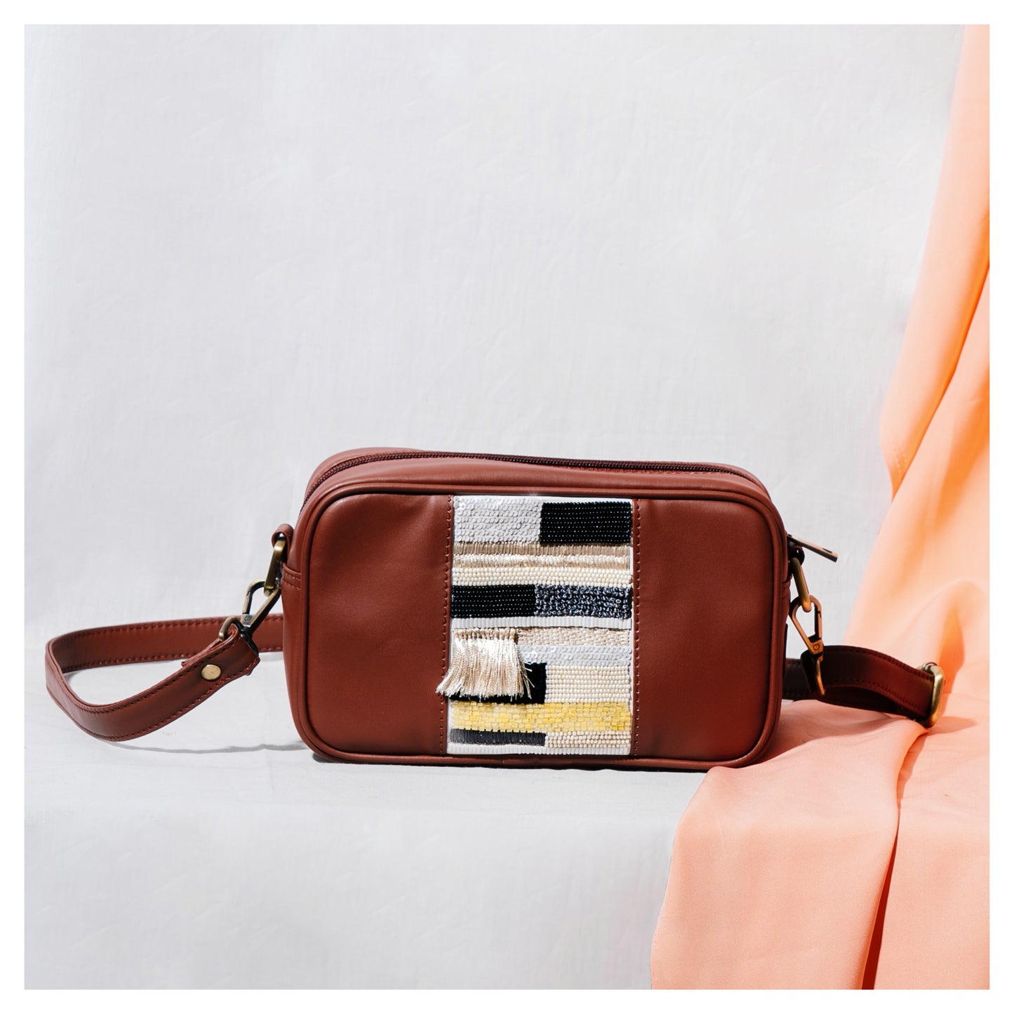 Pixel Embroidered Brown Sling Bag