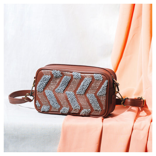 Chevron Embroidered Brown Sling Bag