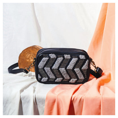 Chevron Embroidered Black Sling Bag